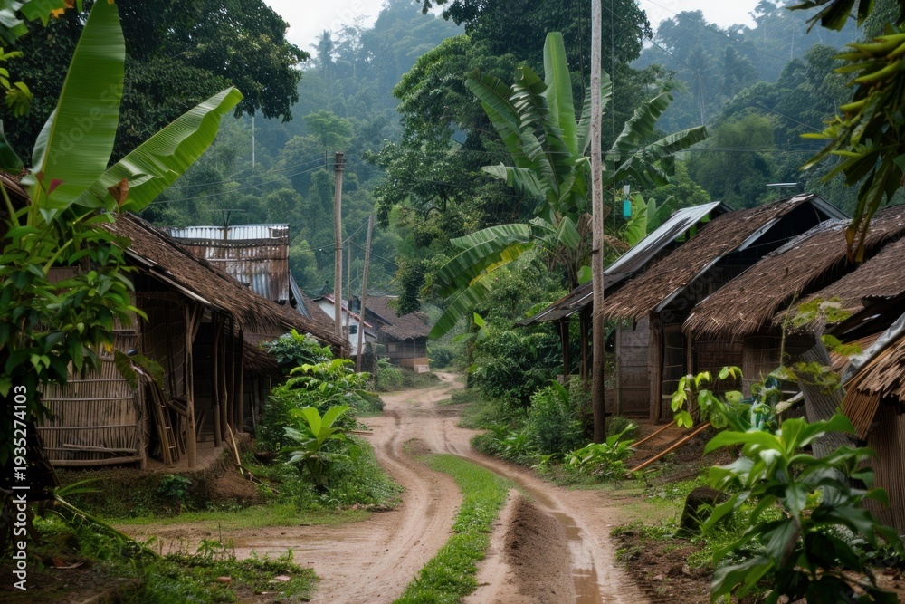 Fototapeta premium Simple wooden houses with thatched roofs line a muddy road in a tropical village, showcasing rural life in southeast asia