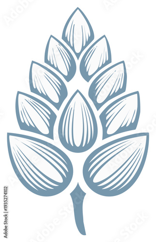 Stylized Illustration of a Blue Hop Cone With Seed Pods and Stem on a White Background