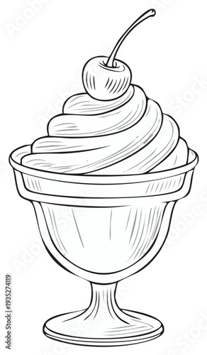 Line art drawing of ice cream sundae with cherry