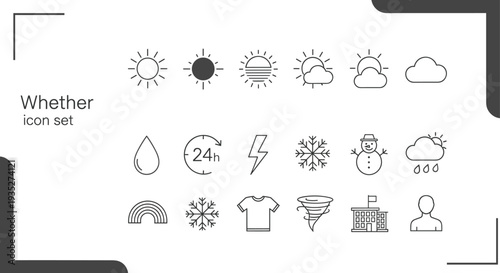 : Weather forecast and seasonal climate icons set, cad drawing flat vector illustration, sun, rain, snow, thunder, and temperature monitoring symbols.