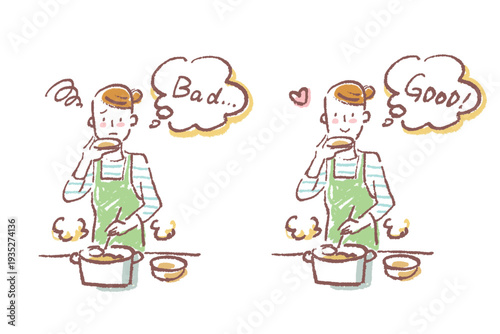 台所で料理しながら味見をする若い女性　シンプルなクレヨンタッチのイラストのセット