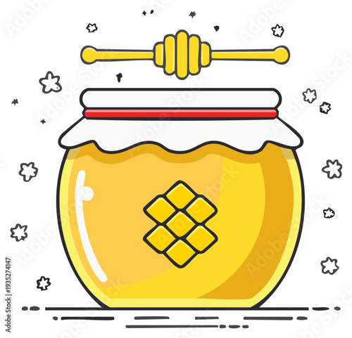 Cartoon honey jar with dipper, floral accents, illustration, design.