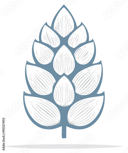 Hand-drawn stylized illustration of a hop cone, pale blue and white colors