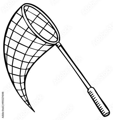 Line drawing of a fishing net with a handle and a wide mesh, used for catching fish or insects
