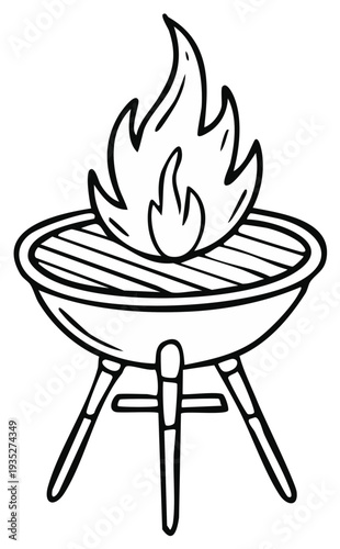 Grill with Flames. Hand-drawn illustration of a barbecue with burning fire for cooking.