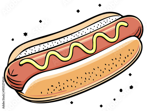 Cartoon-style illustration of a classic hot dog with mustard in a bun, tasty meal.