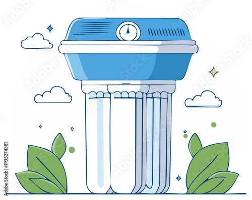 Home water filter system for purification and treatment illustrated with leaves clouds for an eco friendly concept