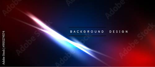 Dark background features bright diagonal light streaks. Red, blue, white colors blend creating modern visual effect. Text reads background design.