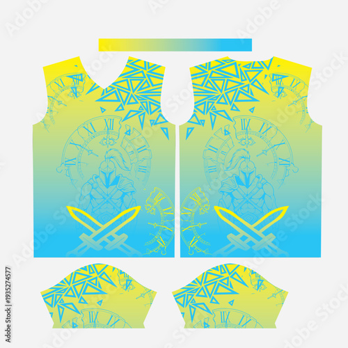 Ancient Greek Spartan Warrior Mascot Sportswear Jersey Design Template with Crossed Swords, Geometric Triangles, and Roman Numeral Clock Pattern for Esports and Activewear Apparel Print