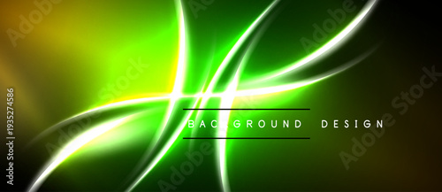 Abstract neon lines create vibrant green, yellow flow. Dark background emphasizes luminous curves, modern design element.