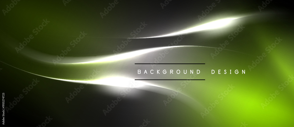 Naklejka premium Abstract design features flowing lines, vibrant green hues, dark shades, bright light accents. Modern aesthetic, suitable background element.