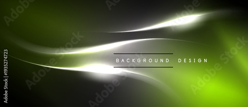 Abstract design features flowing lines, vibrant green hues, dark shades, bright light accents. Modern aesthetic, suitable background element.