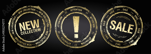 Mid season sale andend of season sale vector rubber stamps golden imprints on black backdrop