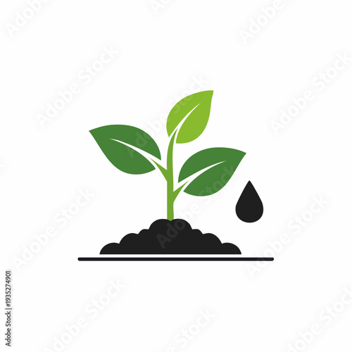 Growing green plant with a water drop, an emblem of vitality, new life, ecological balance, and the nurturing process essential for environmental sustainability