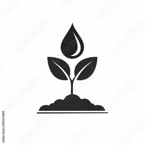 Simple graphic illustration depicting a small plant sprouting from fertile soil, receiving nourishment from a single water droplet, symbolizing growth, life, sustainability, and environmental care