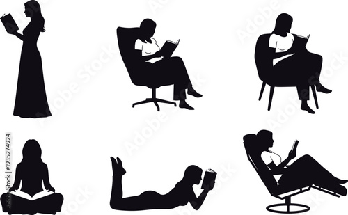 Collection of woman reading book silhouettes isolated on white background, female reader in various sitting and lying poses, black vector illustration for education design