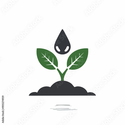 Illustration of a plant growing from the soil with a water droplet, symbolizing growth and nature
