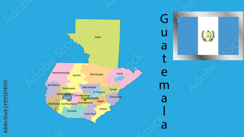 Vector map of Guatemala with national flag overlay. Detailed country silhouette isolated on white. Perfect for travel, geography, and icons.