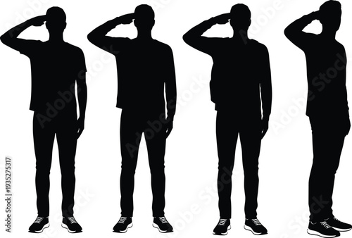 Set of male soldier saluting silhouettes isolated on white background, standing man in military salute pose collection, black vector illustration for patriotic and army design
