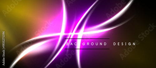 Abstract neon lines create dynamic energy. Vivid purple, gold hues blend into dark background. Modern design element.