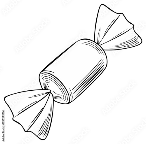 Hand drawn line art of wrapped hard candy confectionery with ends twisted shut