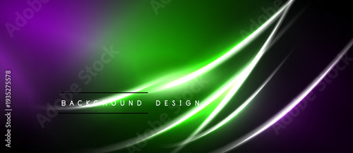 Abstract neon background. Vibrant purple, green hues blend. Dynamic curves create modern visual impact. Text reads background design.