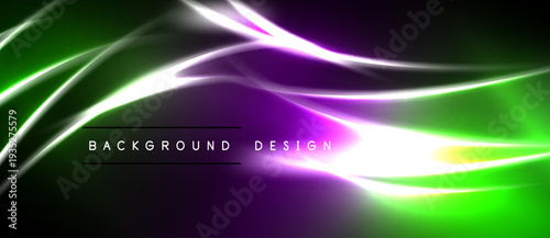 Abstract neon lights, vibrant green, purple hues. Smooth curves create dynamic background design. Dark areas contrast bright elements.