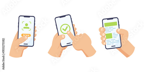 Vector illustration of Mobile Authentication and Verification with Smartphone Showing Face Scan, Checkmark and Message