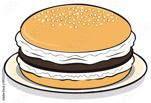 Delicious cartoon burger with sesame seed bun on a plate ready to eat