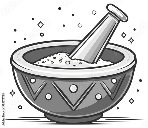 Traditional Mortar and Pestle Grinding Herbs With Sparkles and Stars Illustration