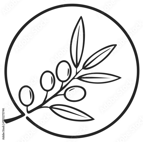 Simple Circle Icon With Olive Branch Outline Symbolizing Healthy Food and Mediterranean Cuisine