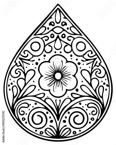 Hand-drawn teardrop floral pattern element with flower, spirals, flourishes, and dot details in a detailed black ink style vector.
