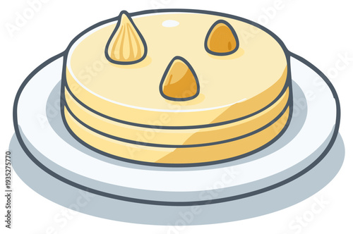 Delicious round cake decorated with frosting peaks and served on white plate for festive dessert concept