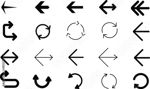 Arrow icons collection set, navigation direction arrows and refresh symbols vector illustration isolated UI interface design elements bundle