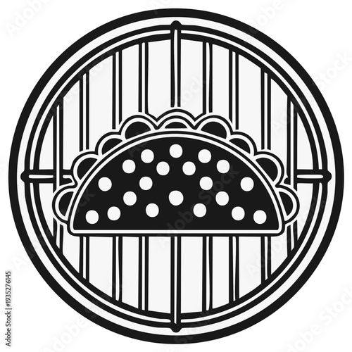 Stylized Icon of a Delicious Taco on a Grill Grid within a Circle