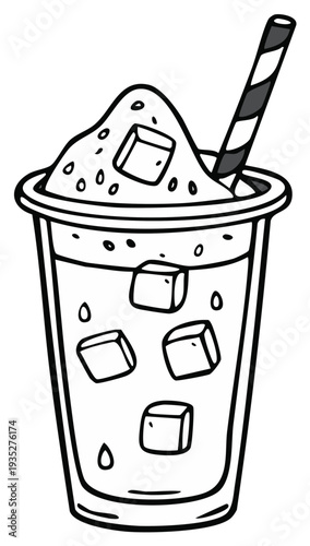 Frosted ice cold drink in a plastic cup, with straw and ice cubes in a hand drawn outline style