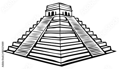 Black and white illustration of ancient stepped pyramid