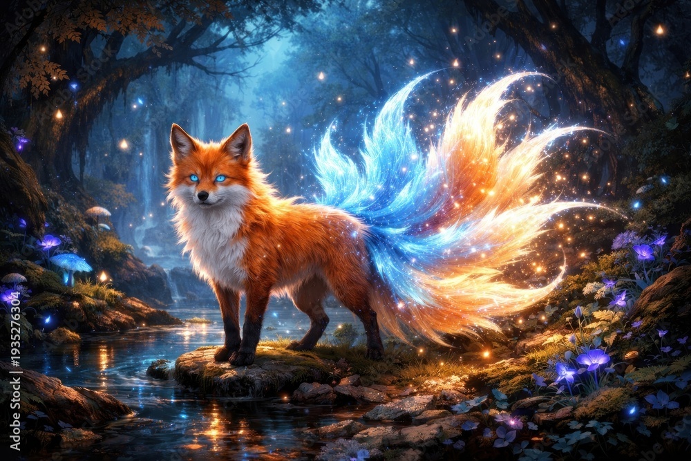 Fototapeta premium Mystical fox with glowing tails