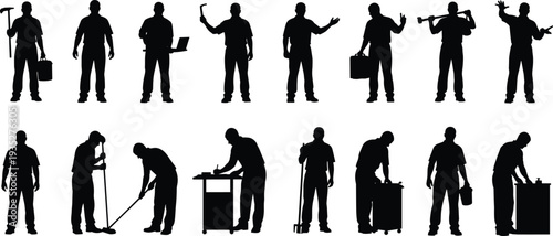 Professional silhouettes of manual laborers and service workers including janitors, handymen, and technicians for industrial, maintenance, and facility management concepts.