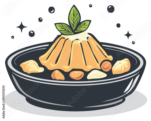 Illustrated dessert with garnish served in a black bowl, decorative bubbles and stars