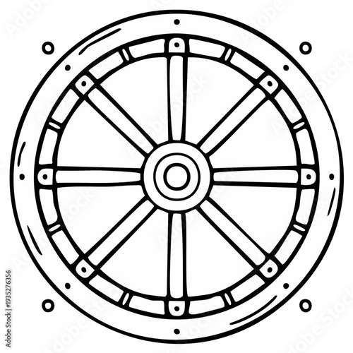 Circular Dharma Wheel Symbol Line Art Illustration
