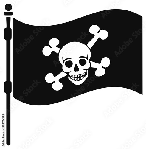 Waving black pirate flag with white skull and crossbones emblem on a flagpole