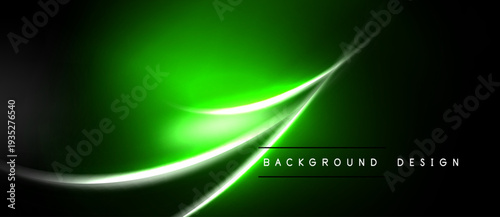 Abstract green background. Smooth curves create dynamic visual effect. Dark shades contrast bright neon glow. Modern design element.