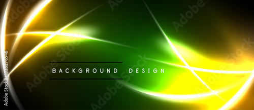 Bright neon lines over dark background. Green, yellow hues create abstract energy flow. Text reads background design. Modern visual element.
