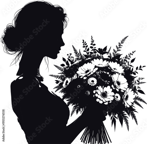Elegant woman silhouette holding large floral bouquet, detailed black vector female profile illustration isolated on white background for wedding, romance and beauty design