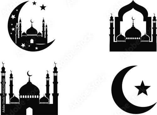 Islamic Ramadan Kareem Mosque Silhouette Set With Crescent Moon And Star For Eid Mubarak Celebration Invitation Greeting Card And Vector Illustration