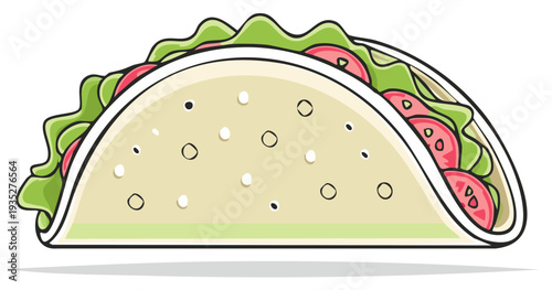 Vibrant cartoon vector illustration of a tasty taco filled with green lettuce and red tomatoes