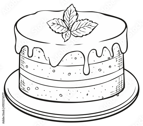 Hand-drawn cake with icing and mint leaf garnish on a plate illustration