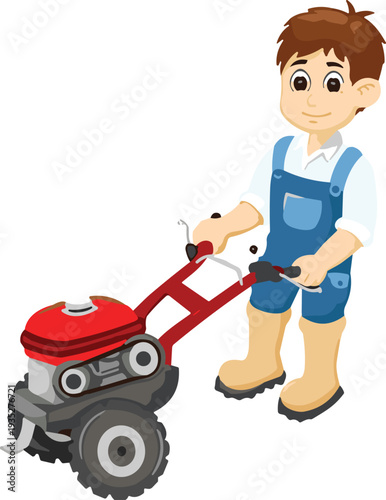 Boy using garden tiller cultivator, cartoon farmer kid with small rototiller machine gardening agriculture vector illustration isolated