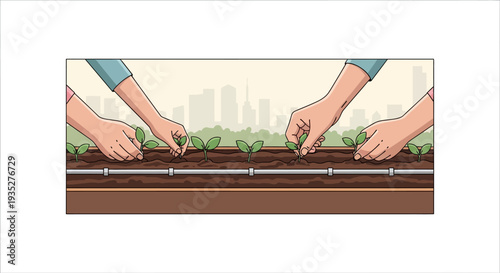 Urban gardening: hands planting seedlings in raised beds with city skyline